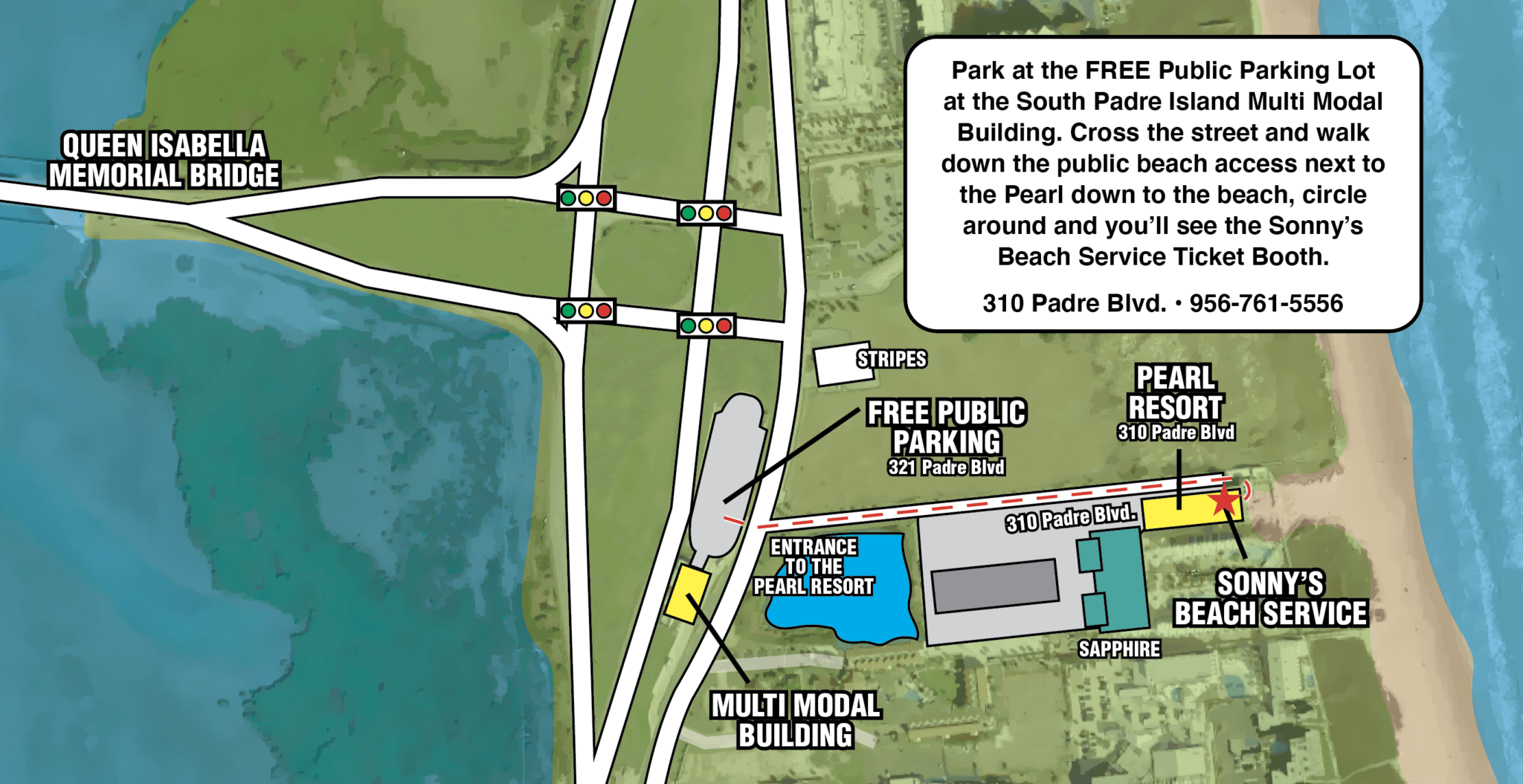 Free public parking lot for parasailing at Sonny's Beach Service at the South Padre Island Multi Modal Building